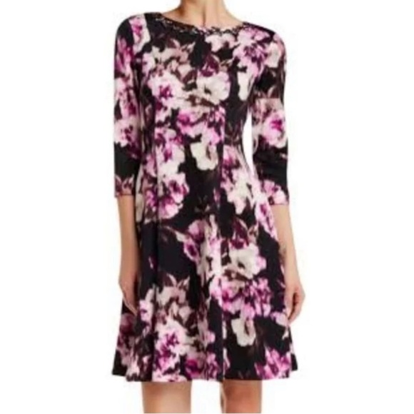 NWT Eliza J Watercolor Print Fit And Flare Scuba Cocktail Jeweled Dress BB99 - Picture 1 of 16